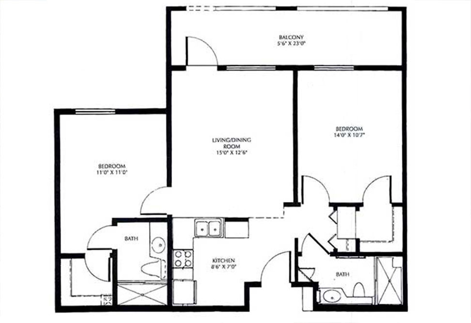 Floor plan of a two-bedroom apartment with a kitchen, living/dining room, two bathrooms, and a balcony. The kitchen is near the entrance, bedrooms are on opposite sides, and the balcony is outside the living/dining area.