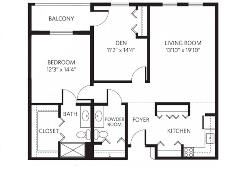 Black and white floor plan of an apartment showing a bedroom, living room, den, kitchen, foyer, bath, powder room, closet, and a balcony connected to the bedroom and den. Each room is labeled with dimensions.