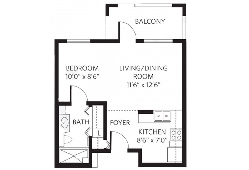 Black and white floor plan showing a bedroom, bathroom, kitchen, foyer, living/dining room, and balcony. Room dimensions are labeled, and fixtures like closets, stove, and sinks are indicated.