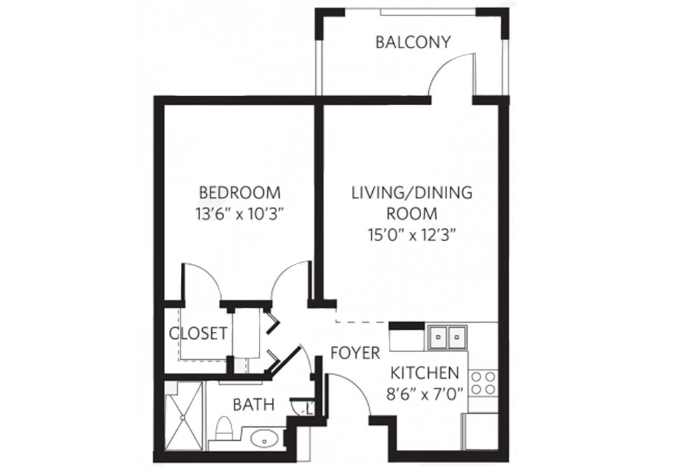 Black and white floor plan showing a one-bedroom apartment with a kitchen, bath, closet, foyer, living/dining room, bedroom, and a balcony. Room dimensions are labeled throughout.