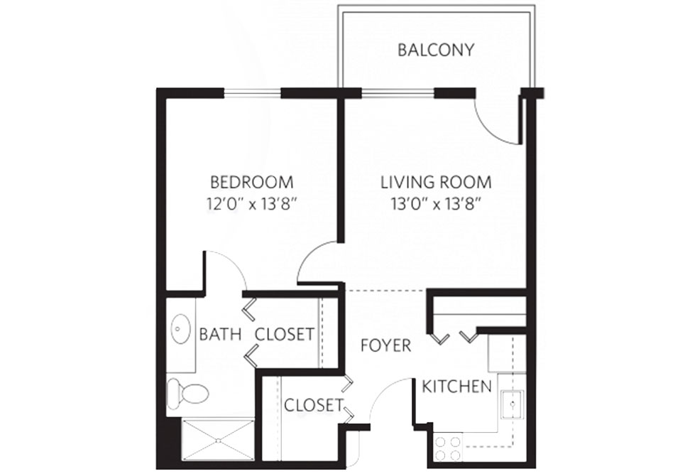 Black and white floor plan showing a one-bedroom apartment with a living room, kitchen, bathroom, foyer, two closets, and a balcony. Bedroom and living room have equal width; balcony is off the living room.