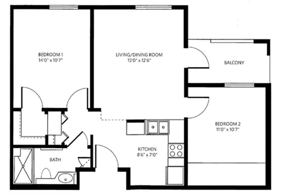 Black and white floor plan of an apartment with two bedrooms, a living/dining room, kitchen, bathroom, and a balcony accessible from bedroom 2. Bedroom doors and main living area connect to a central hallway.
