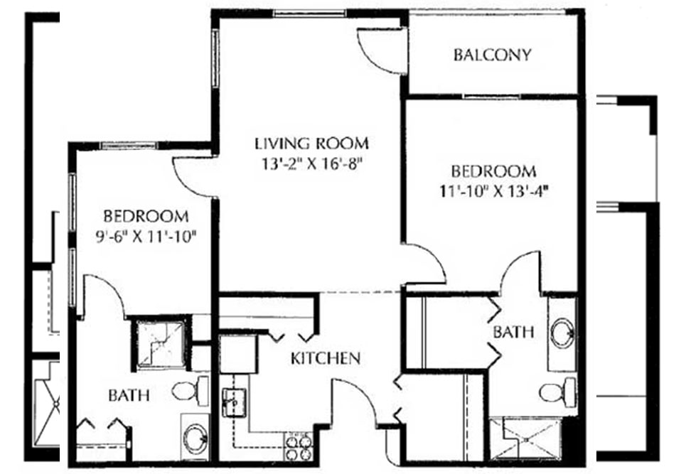 Black and white floor plan of a two-bedroom, two-bathroom apartment with a kitchen, living room, and balcony. Rooms and dimensions are labeled; bedrooms and bathrooms are on opposite sides of the living area.